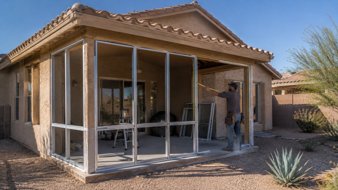 Covered patio being converted into an enclosed Arizona room on a Mesa, AZ home