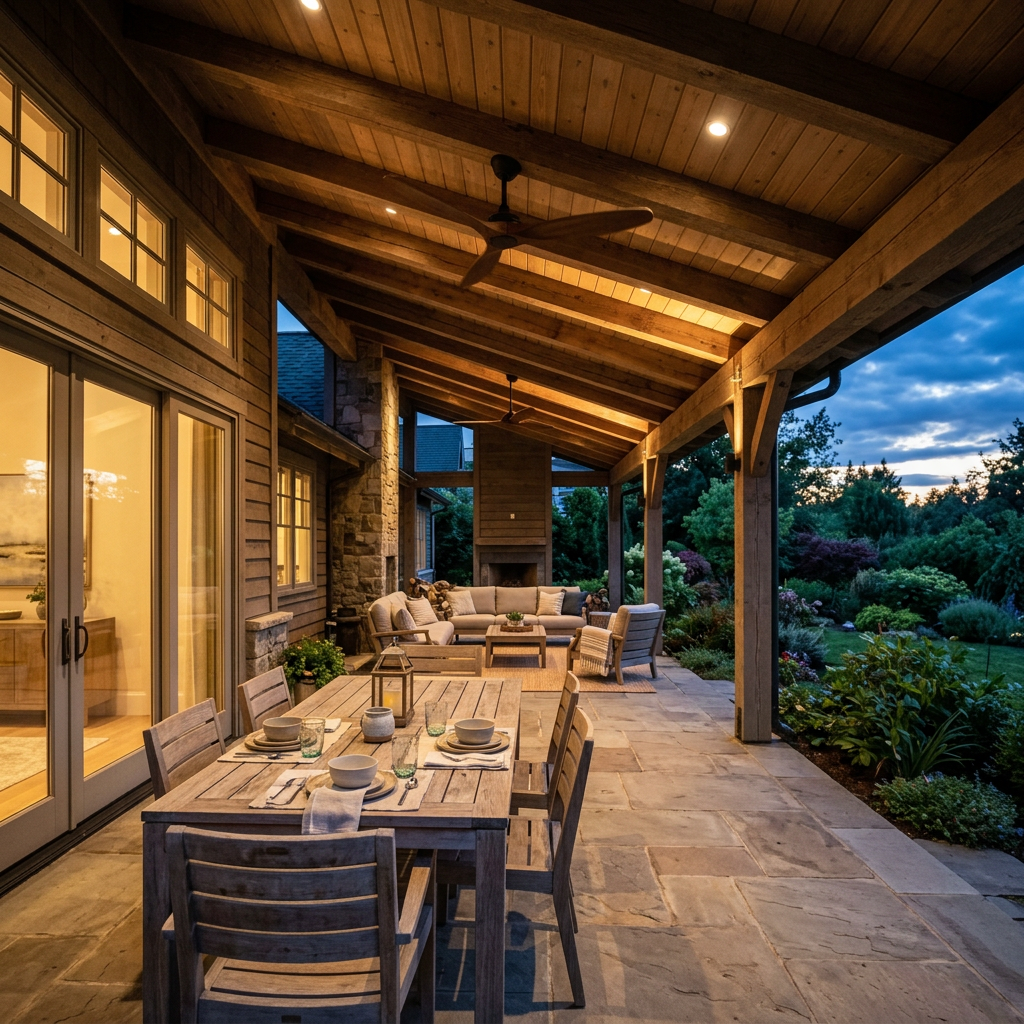 Two ceiling fans spaced along a long covered patio with evening lighting