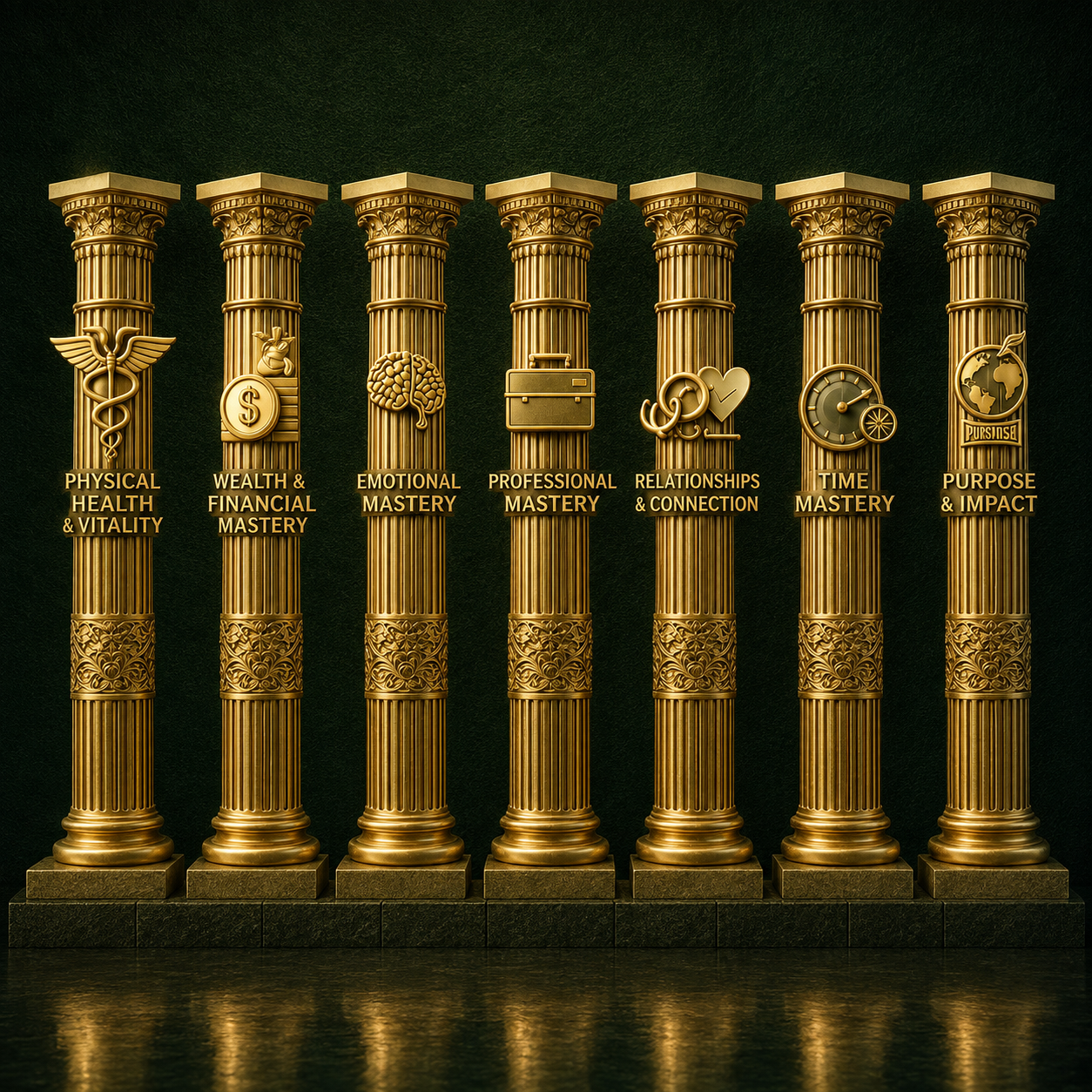 The 7 Pillars Framework: Physical Health & Vitality, Wealth & Financial Mastery, Emotional Mastery, Professional Mastery, Relationships & Connection, Time Mastery, Purpose & Impact