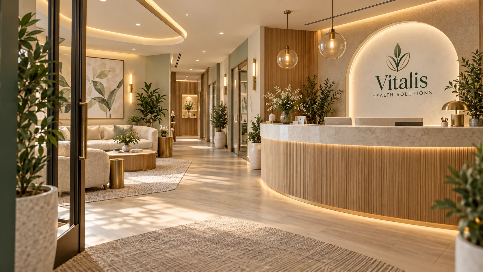 Warm, calming Vitalis reception and lounge (design rendering)