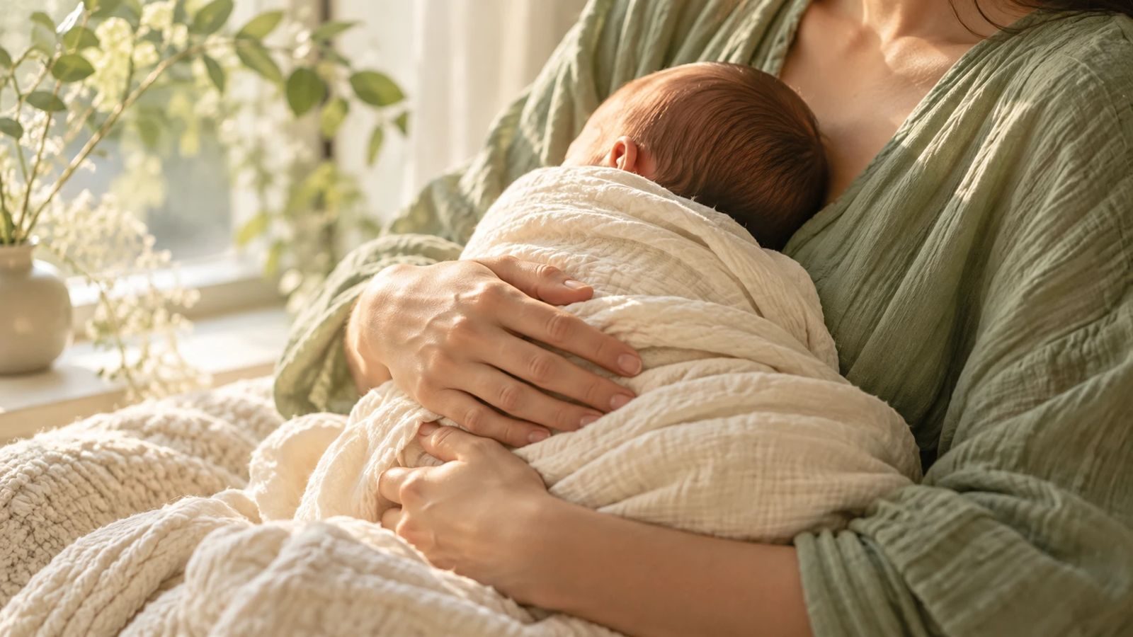 Mother holding a swaddled newborn by a sunny window (illustrative image)