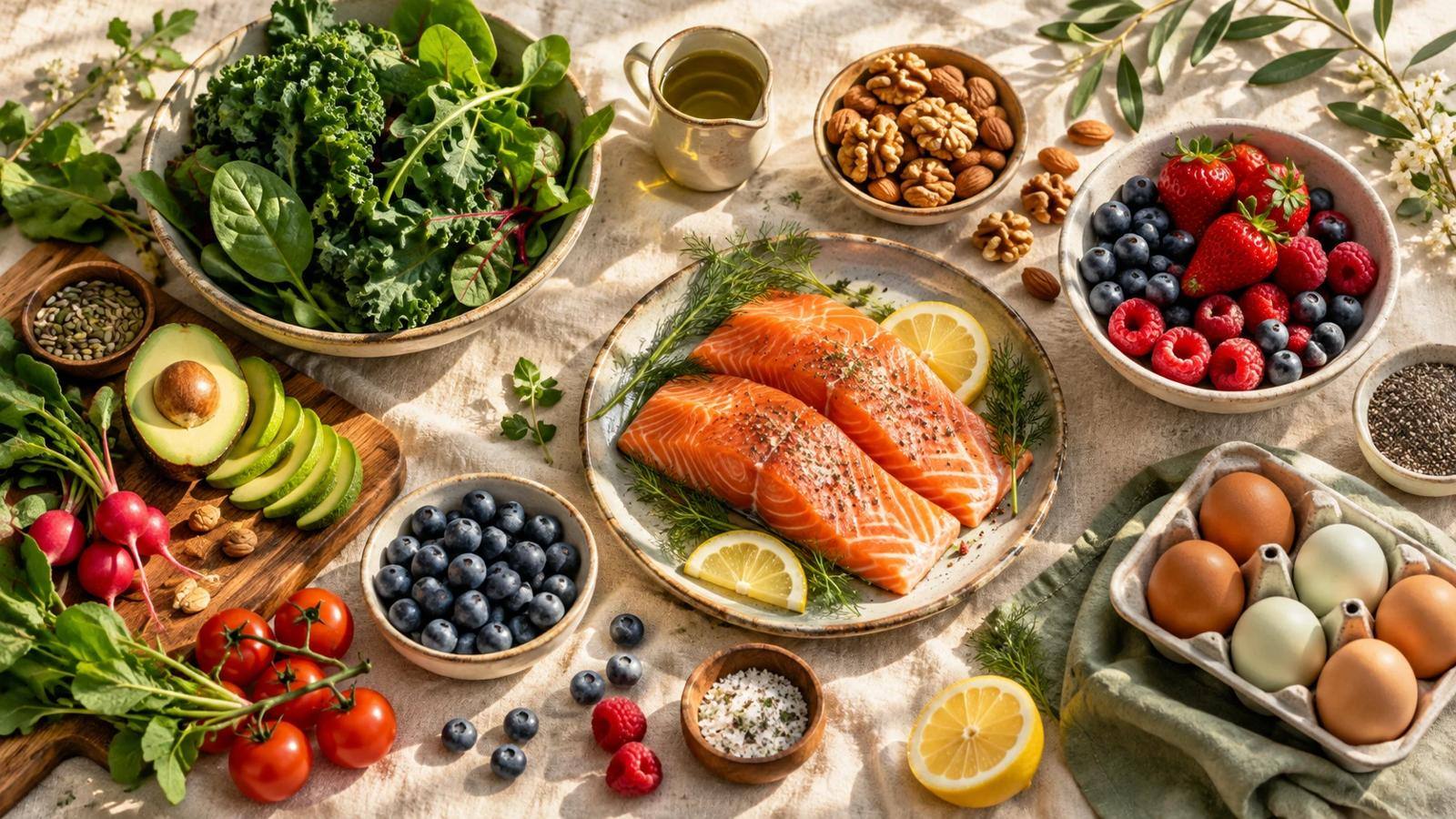 Whole foods: greens, salmon, eggs, berries and olive oil (illustrative image)