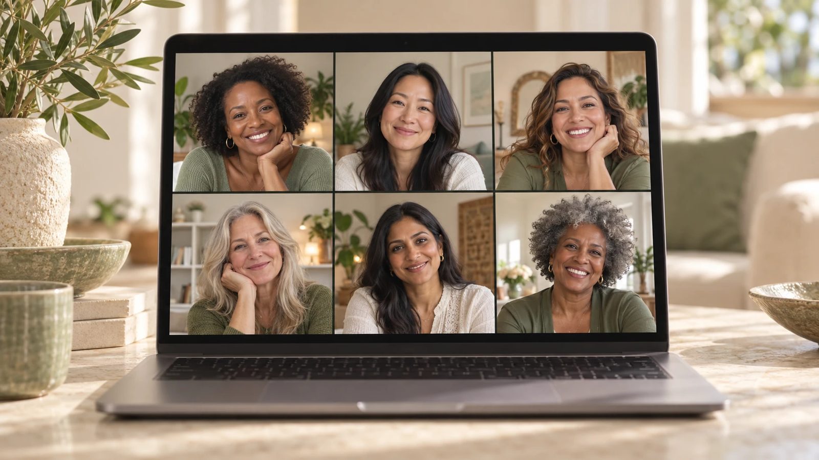 Women of different ages and backgrounds on a live Zoom session (illustrative image)