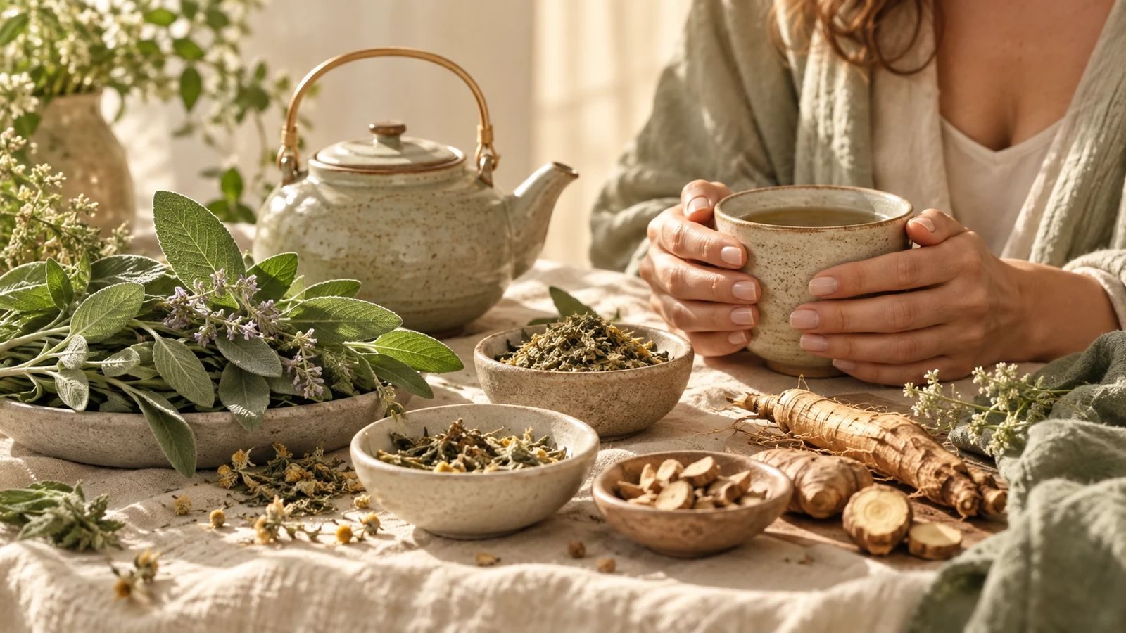 Sage, herbs and a warm cup of tea for hormone health (illustrative image)
