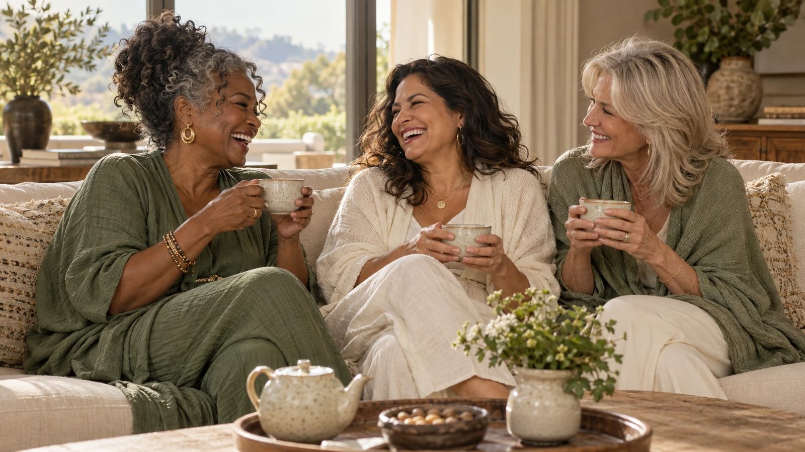 Three women of different ages and backgrounds laughing together over tea