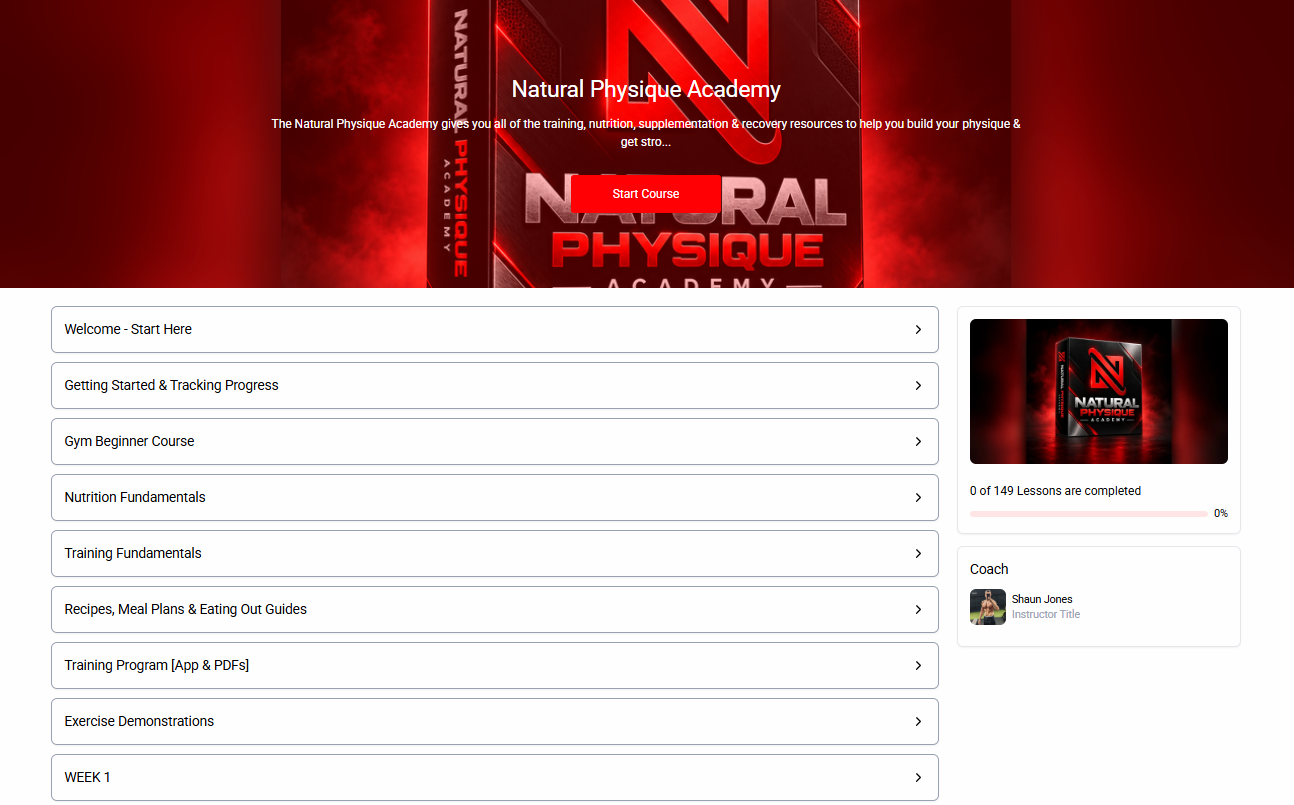 Natural Physique Academy course dashboard