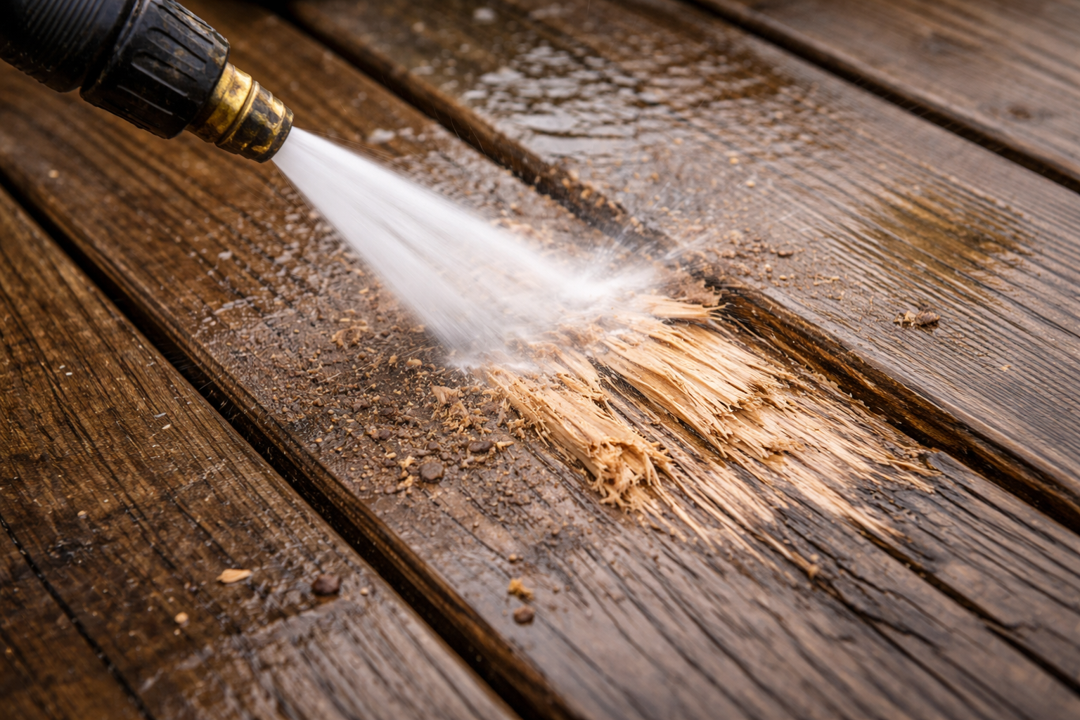 Excessive Pressure Washing on Wood Deck Breaking Wood Fibers Chicago