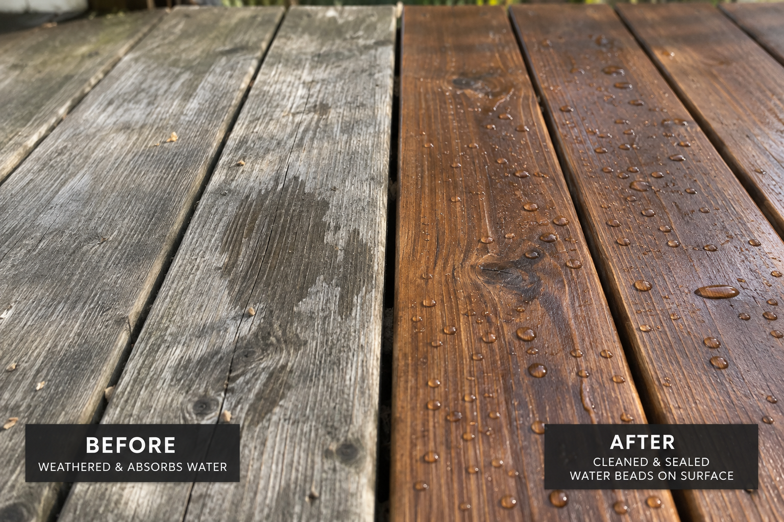 Before and After Wood Deck Clean, Sealed, and Stained