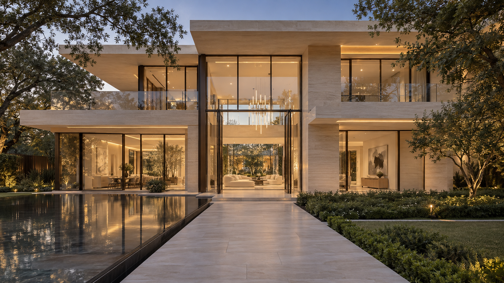 Original AI architectural concept of a modern limestone residence with an open entrance, reflecting pool and live oaks.
