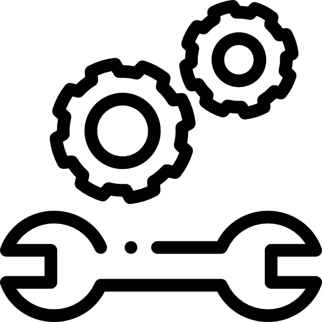 Icon of gears and a wrench representing Fixed Track Technology with extruded aluminum locking tracks.