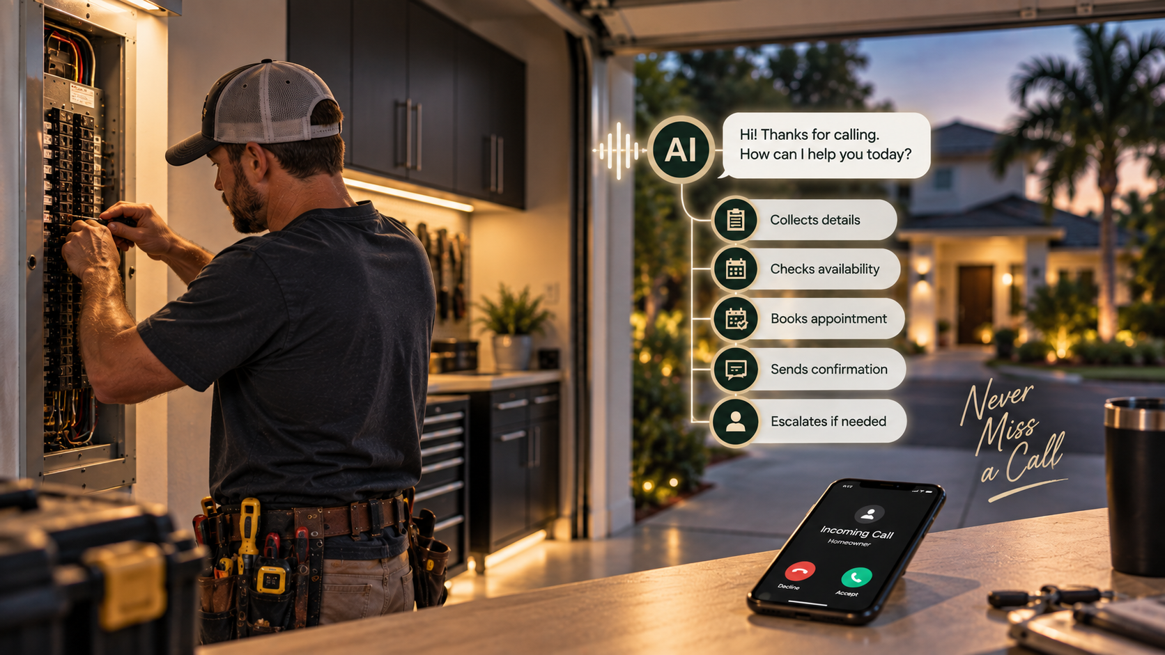 Electrician working after hours while an AI receptionist answers an incoming customer call and manages the appointment.