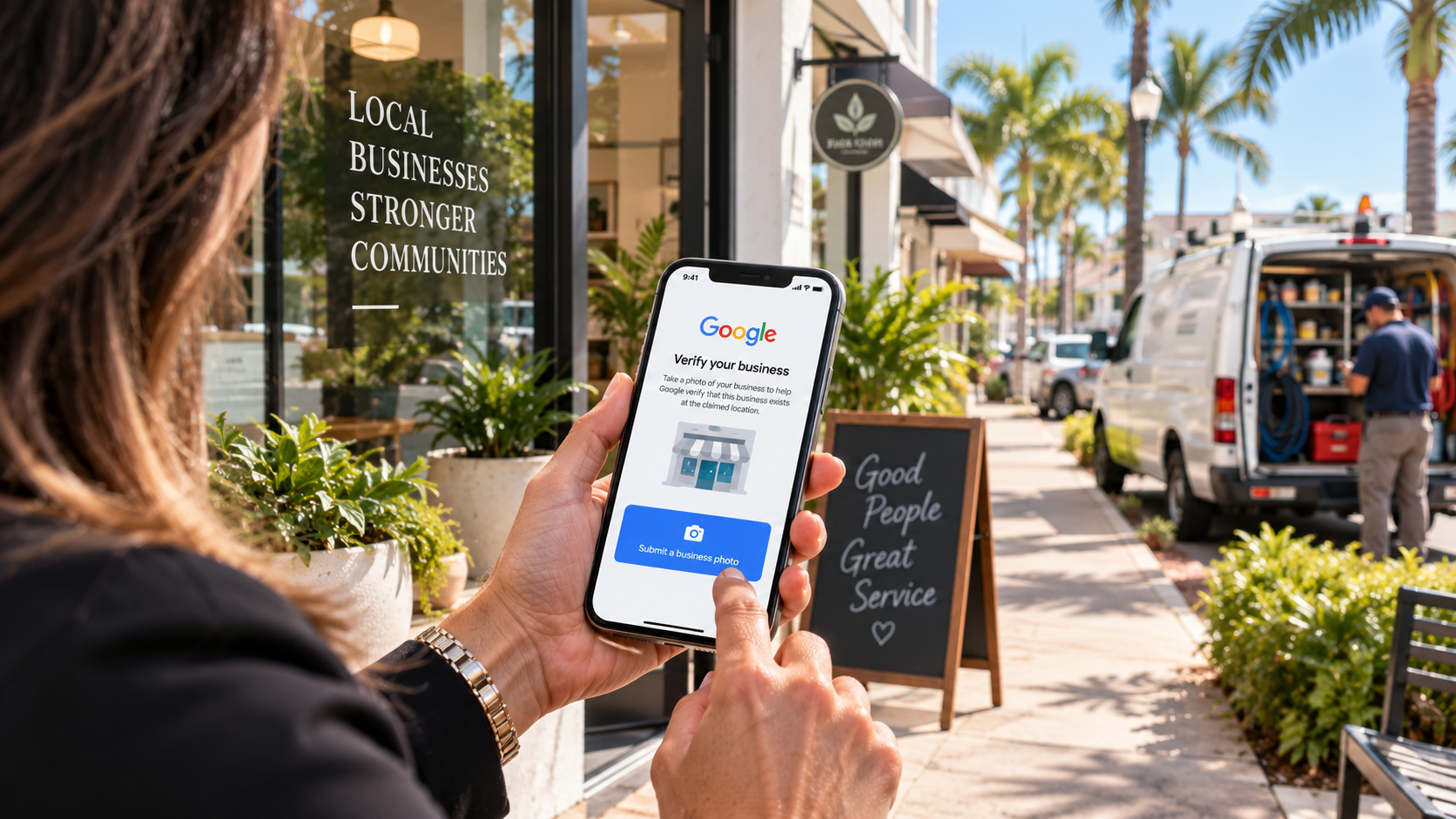 Local business owner using a smartphone to verify a Google Business Profile on a Florida commercial street.