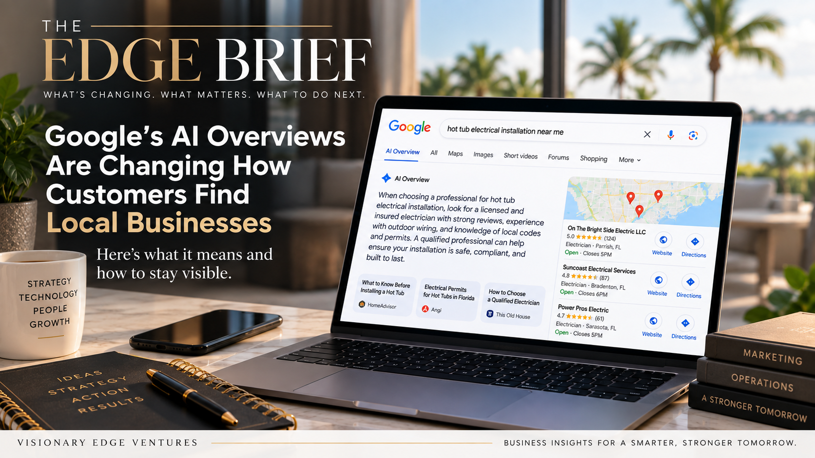 Service business owner reviewing Google Search Console AI visibility reporting on a laptop showing AI Overviews and AI Mode impressions.