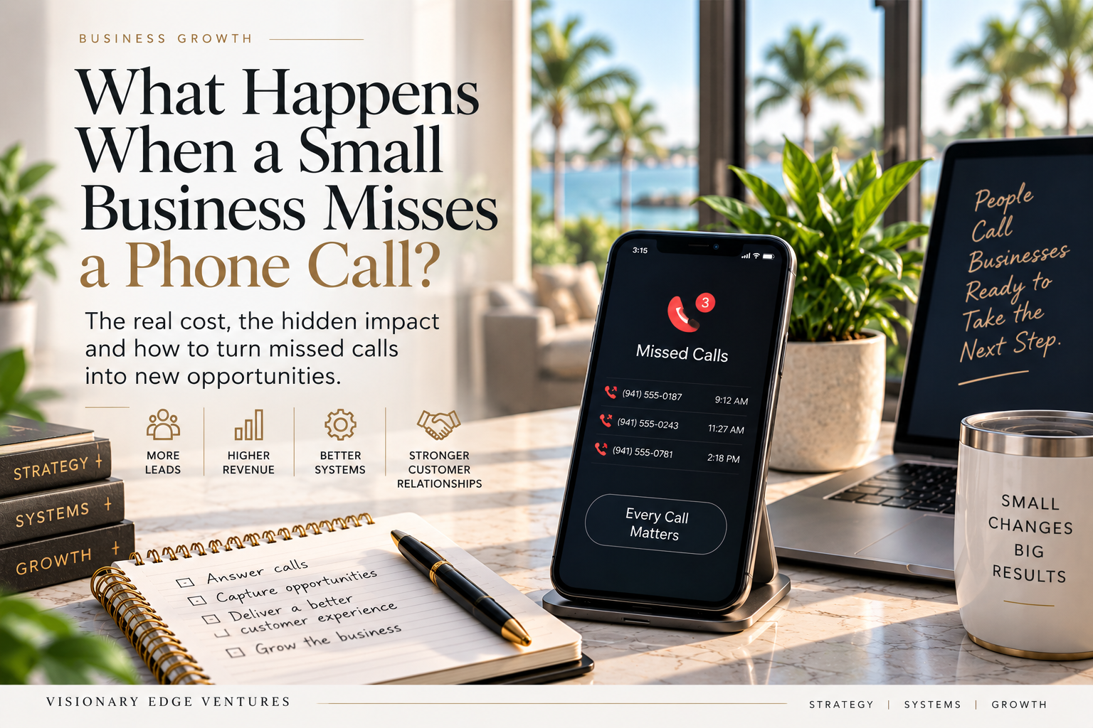 Smartphone resting on a dark onyx desk showing a missed call notification, representing what happens when a small business misses a phone call