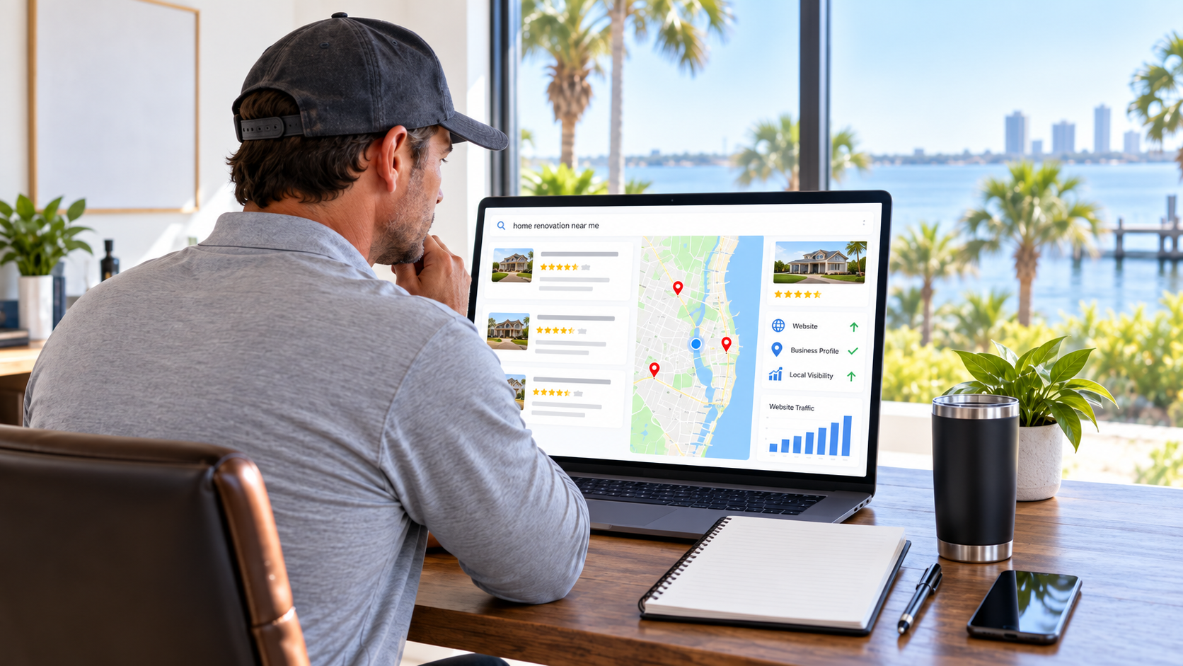 Professional service business owner reviewing local search visibility, map rankings, customer reviews, and website performance on a laptop in a bright modern office.