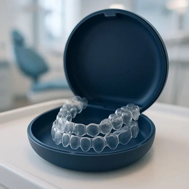 Clear aligner tray on teeth