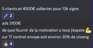 Message communautaire mentionnant 5 clients et 13 000 euros signés