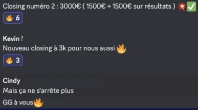 Message communautaire mentionnant un closing à 3 000 euros