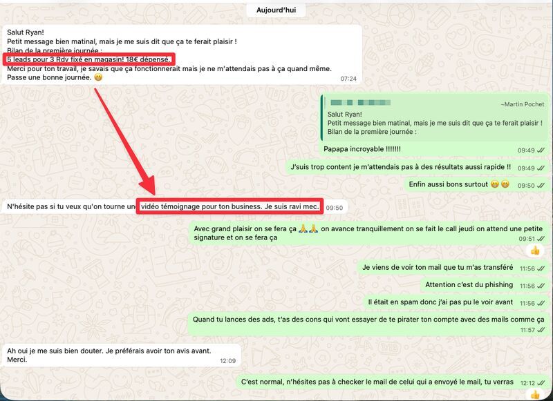 Conversation WhatsApp montrant 5 leads en 3 jours avec 18 euros dépensés