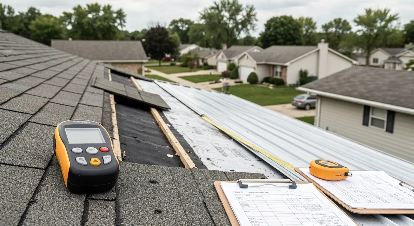 Storm damage roof inspection showing hail and wind damage