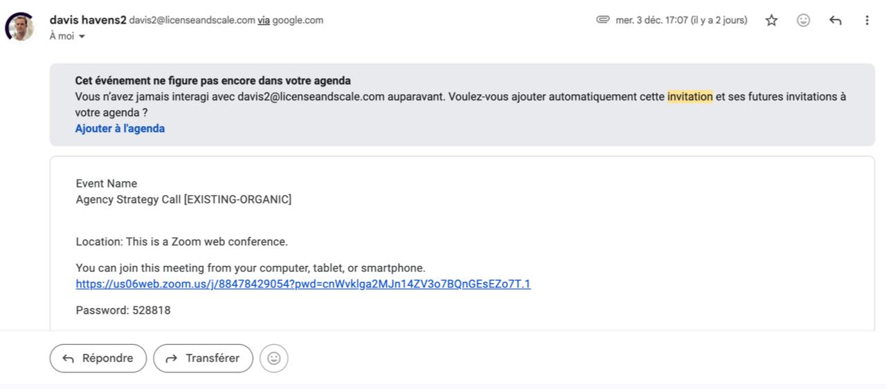Exemple d'email d'invitation à l'agenda