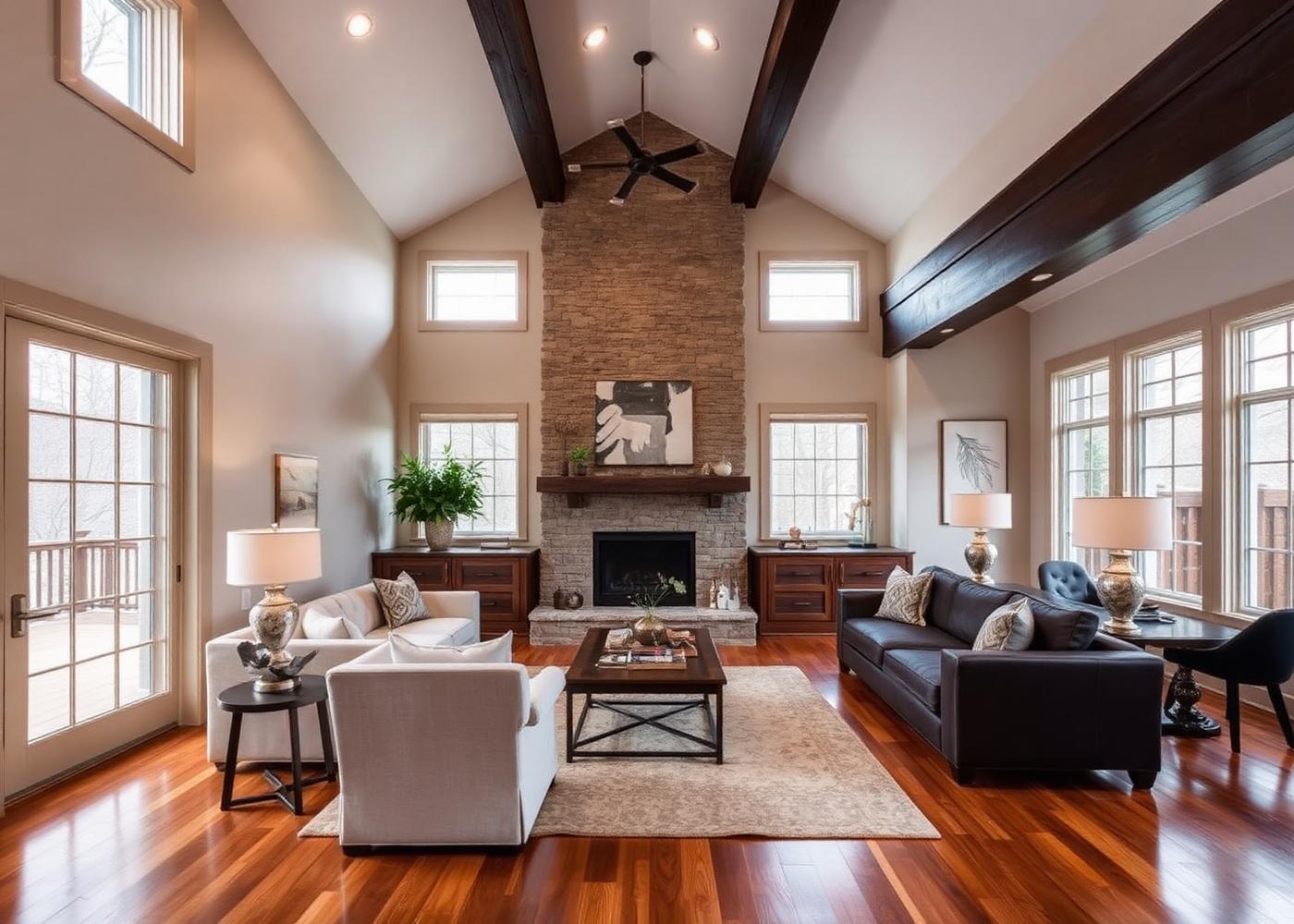 Living room with vaulted ceiling, exposed beams and stone fireplace