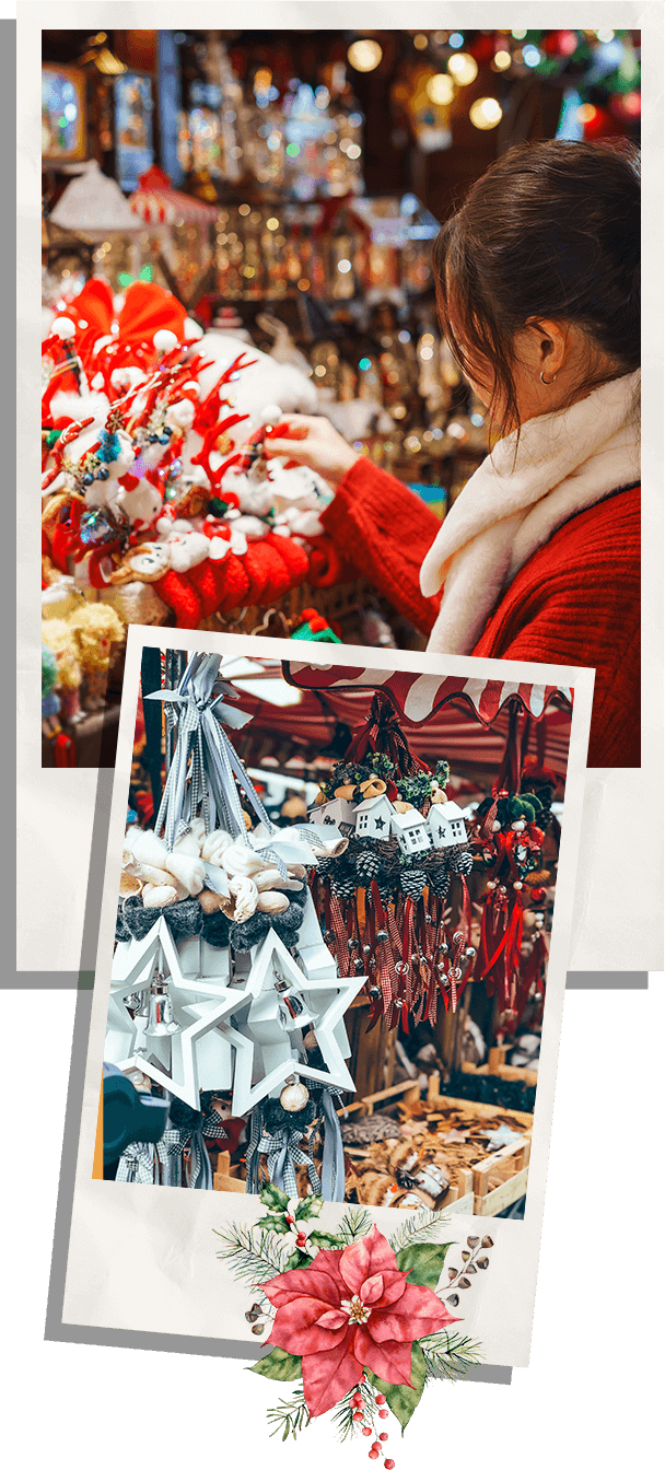 Indoor holiday market at WaterFire Arts Center in Providence Rhode Island featuring Christmas decor and festive vendor booths