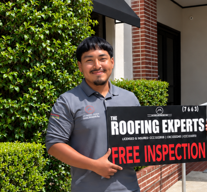 Sergio Pichardo, Roofing Experts project manager, holding sign with company logo and free inspection offer.