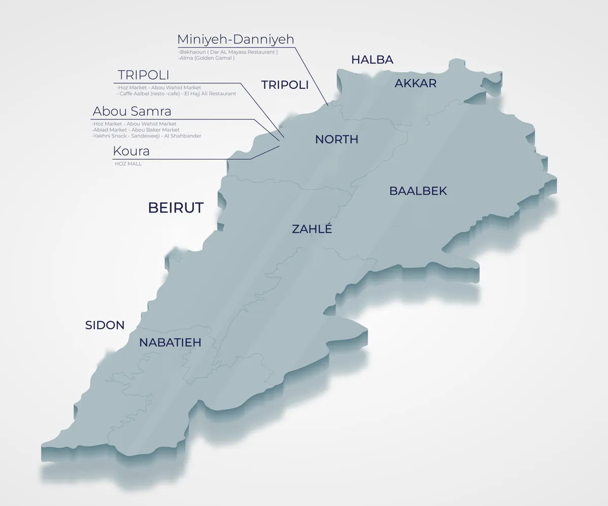 Map of Lebanon with Kaza points of sale marked in Halba, Akkar, Tripoli, the North, Baalbek, Beirut, Zahle, Sidon and Nabatieh