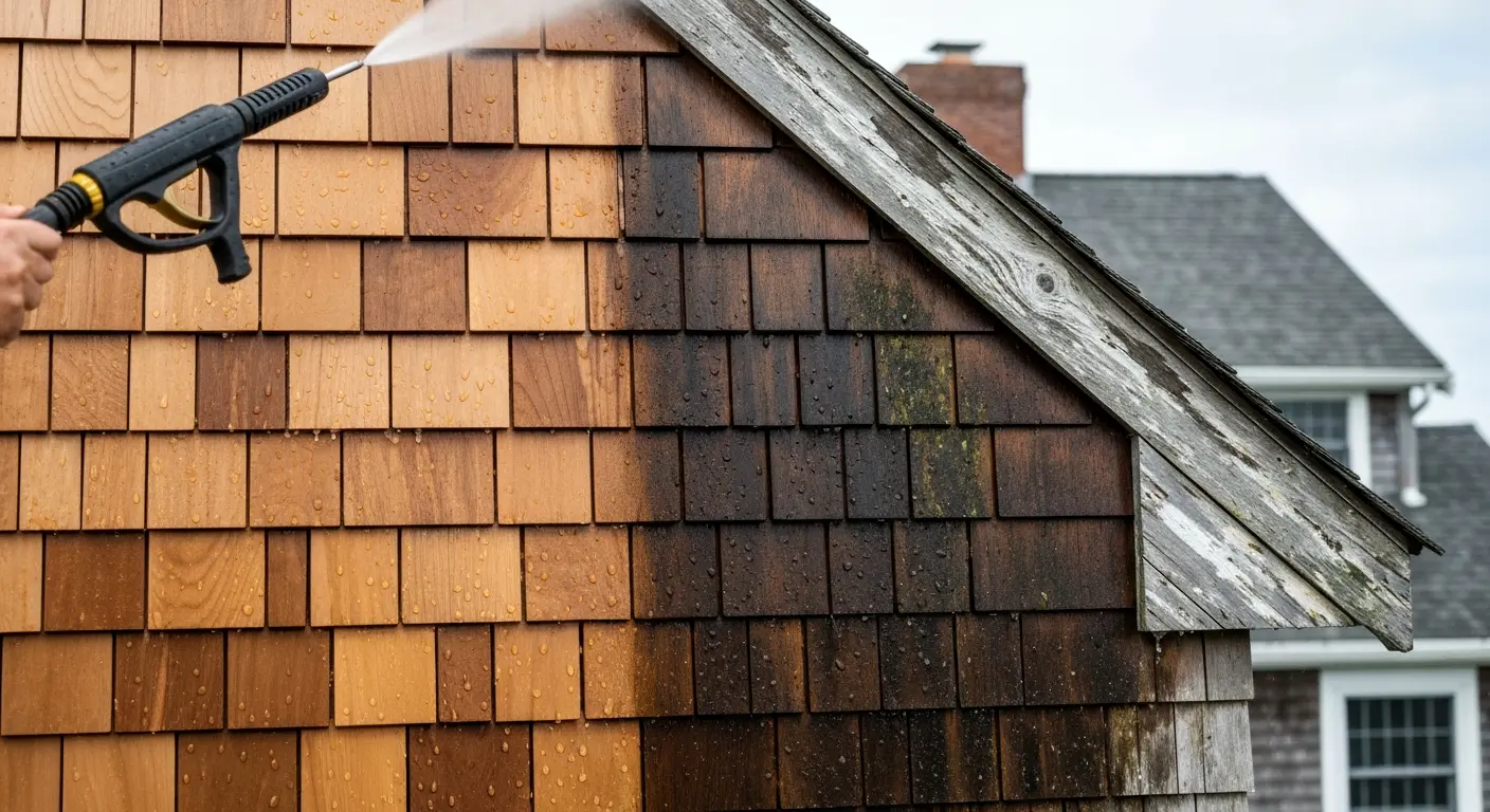 Pressure washing service on house exterior