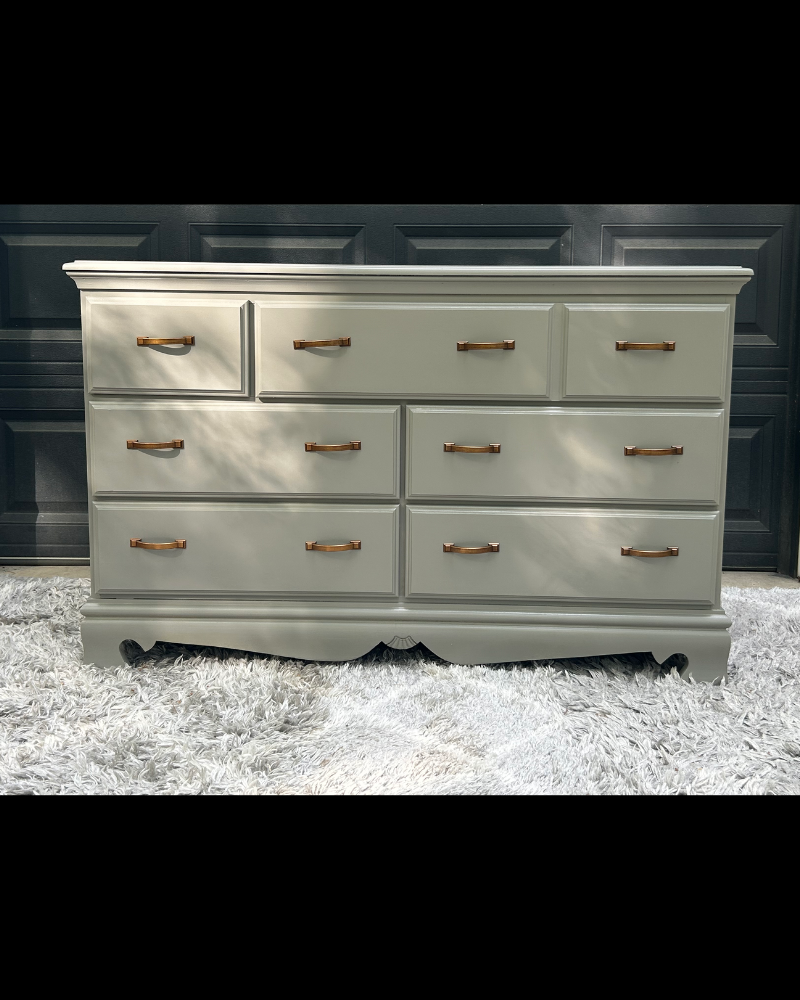 Alloy grey 5-drawer tall chest with bronze hardware