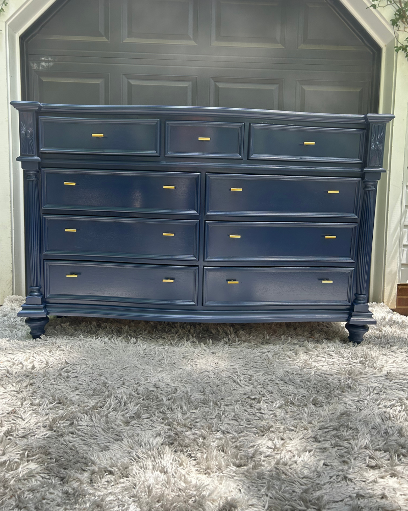 Naval Blue solid wood 9-drawer dresser, front view