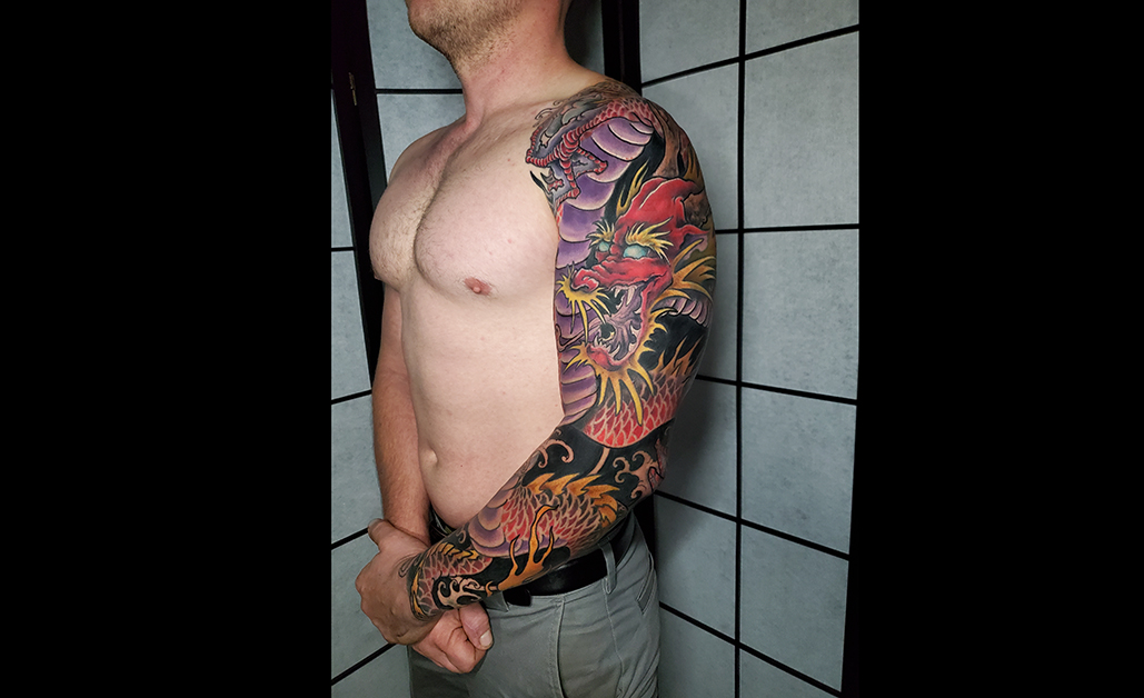 Japanese dragon sleeve tattoo by Red Arbor Tattoo near Sioux Falls Japanese dragon sleeve tattoo by Red Arbor Tattoo near Sioux Falls
