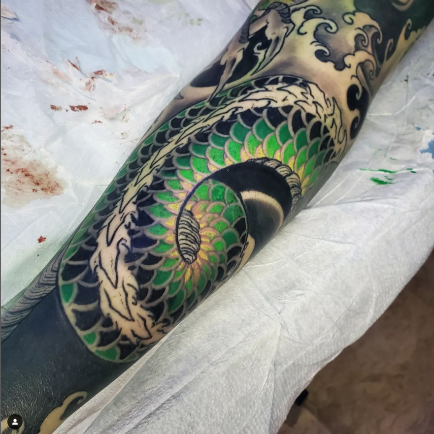 Close-up of Japanese dragon scale tattoo detail by Red Arbor Tattoo Close-up of Japanese dragon scale tattoo detail by Red Arbor Tattoo