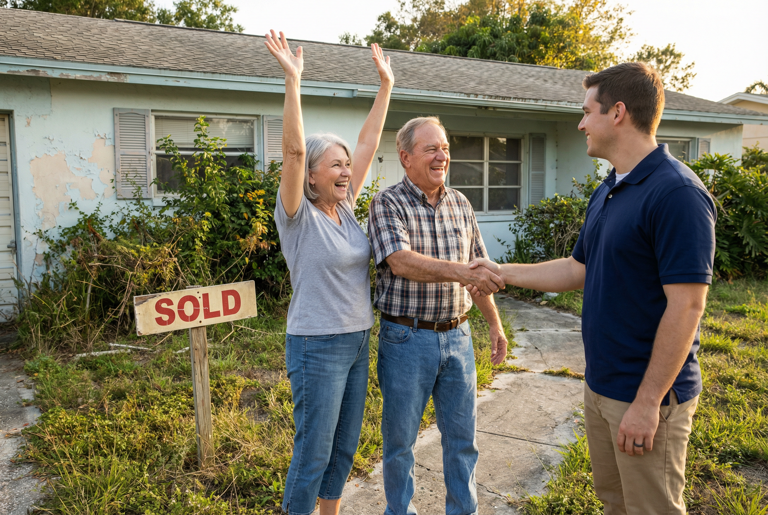 Retired couple celebrating after selling their damaged home for cash
