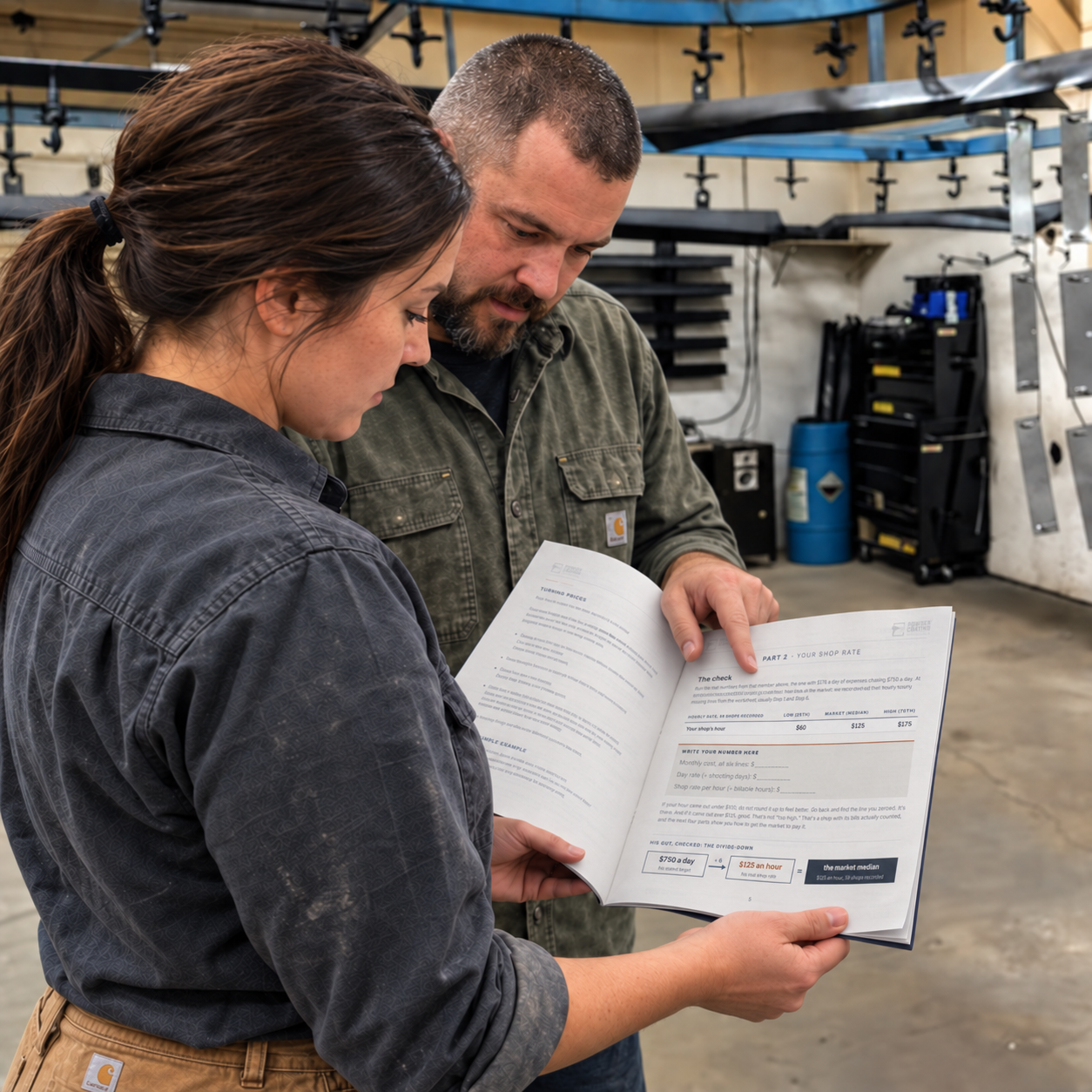 Two coaters in a shop reading the Part 2 shop-rate pages of the printed Price Book