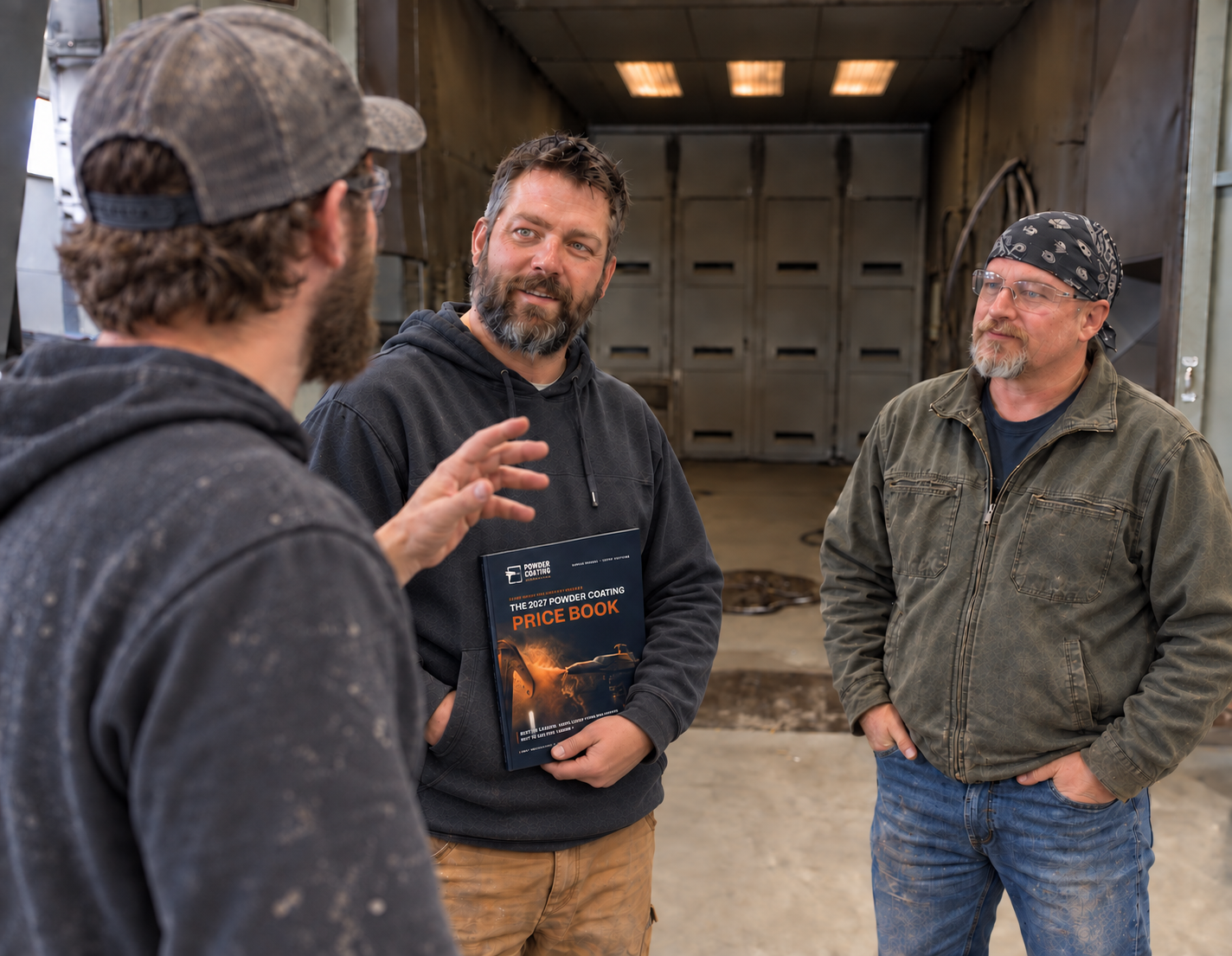 Three coaters talking in a shop, one holding the printed Price Book