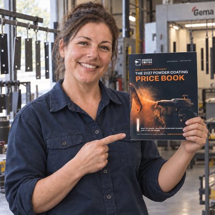 The co-owner of a Middle Tennessee automotive powder coating shop holding the Price Book