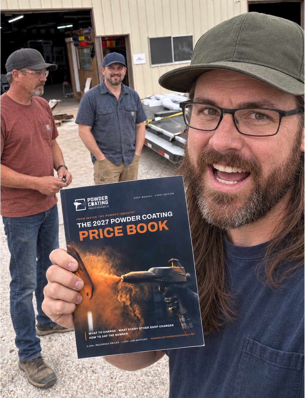 A North Texas powder coater holding the printed 2027 Powder Coating Price Book outside his shop, two coaters behind him