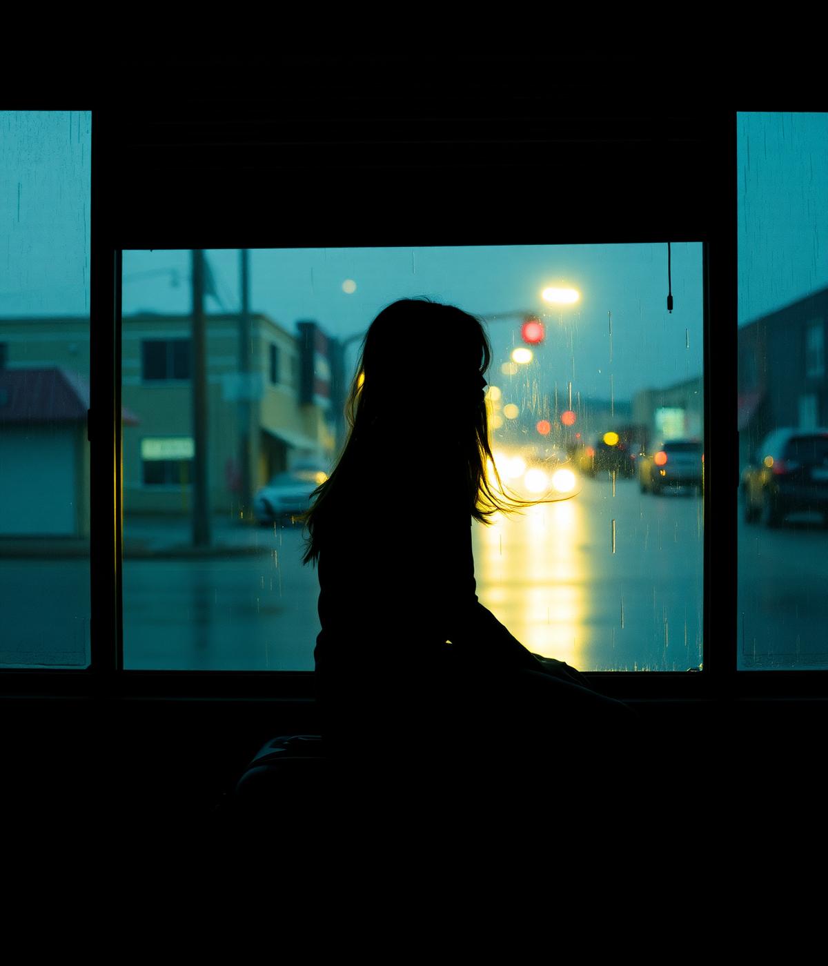 Silhouette looking out a rain-streaked window at dusk