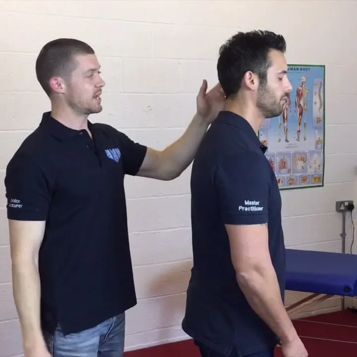 Spinal push test: the practitioner's hand on the client's neck before a downward push
