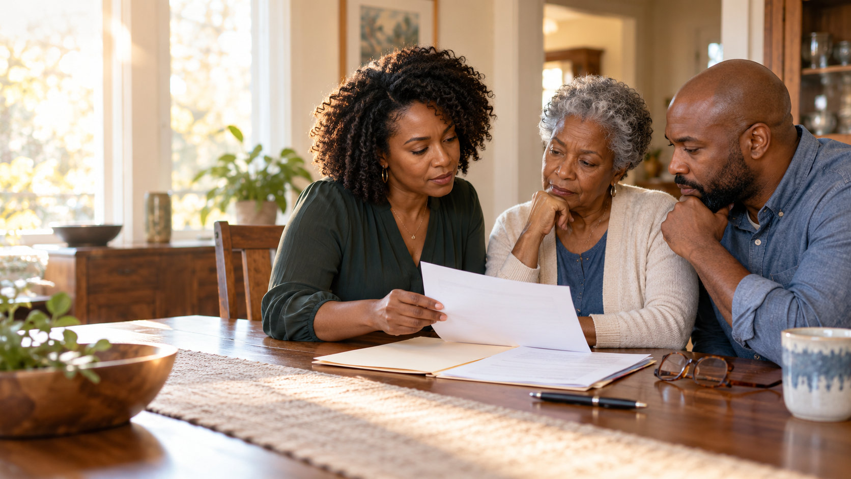 Three generations of a Black family thoughtfully reviewing estate-planning papers around a table.