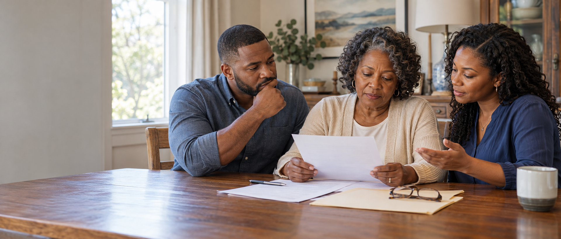 Concerned Black family reviewing estate-planning documents together at a table. Concerned Black family reviewing estate-planning documents together at a table.