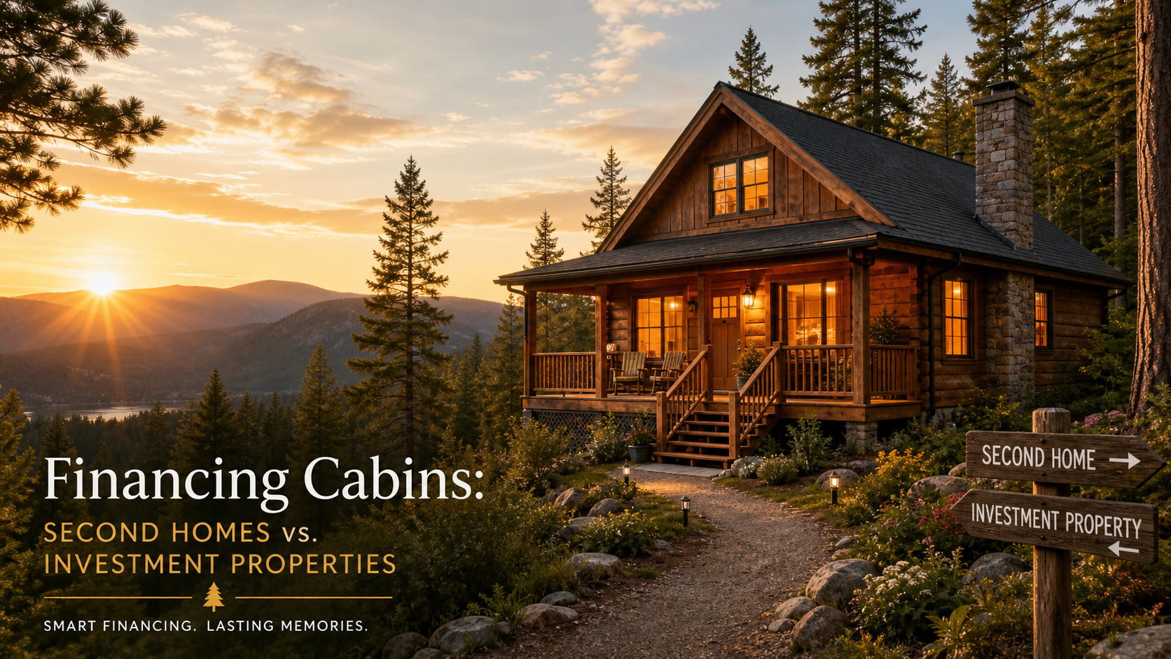 Cozy wooden cabin in the mountains at sunset illustrating a blog about financing cabins as second homes or investment properties.”