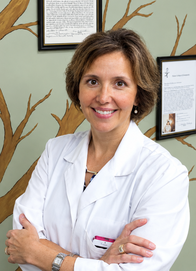 Dr. Laura Sparks in a white coat at Sparks Family Chiropractic in Lancaster, Ohio