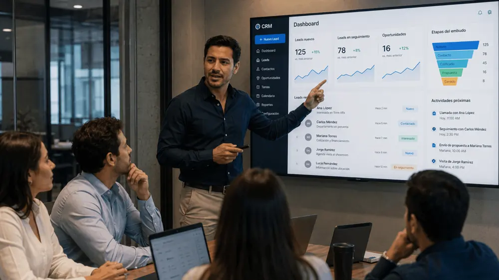 Sesión de capacitación al equipo comercial frente al dashboard del CRM