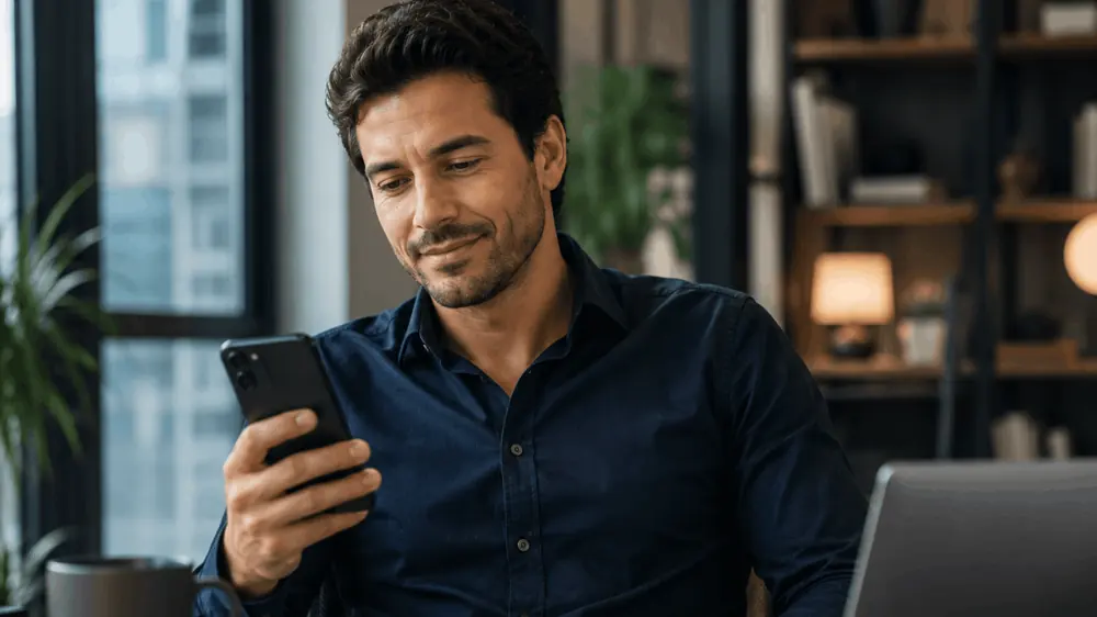 Asesor revisando en su celular un prospecto pendiente de contactar
