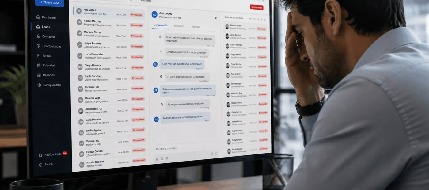 Asesor frente a una bandeja de leads acumulados en el CRM