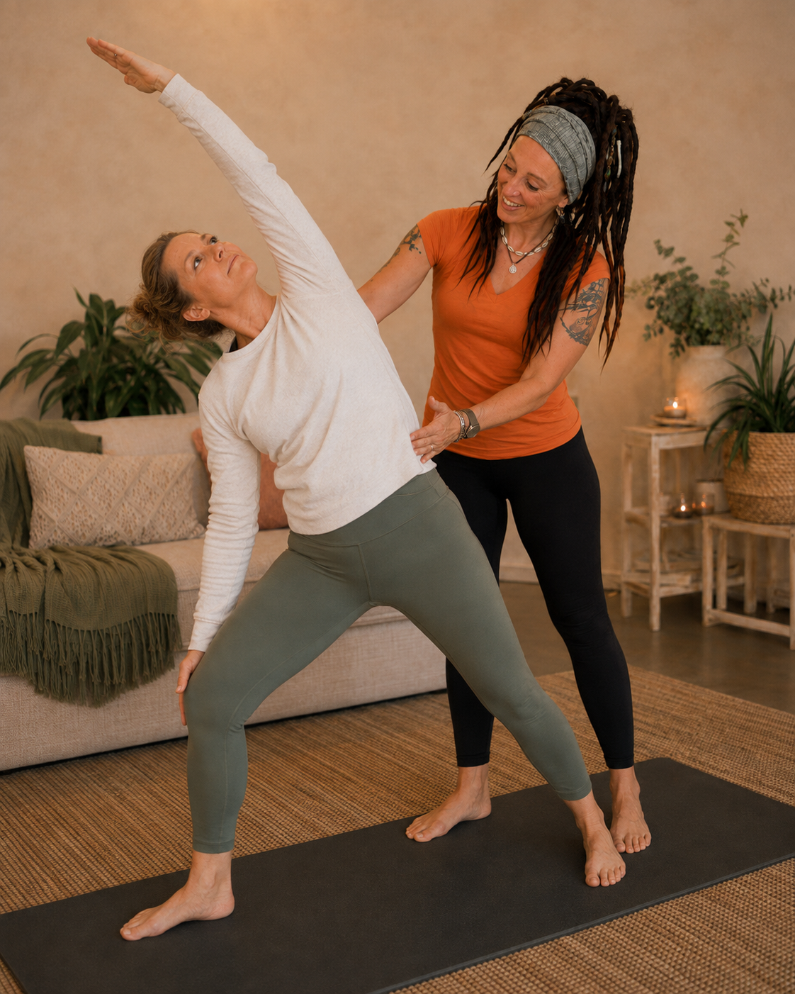 Leisa James guiding a private yoga and Pilates session in a client's Adelaide home