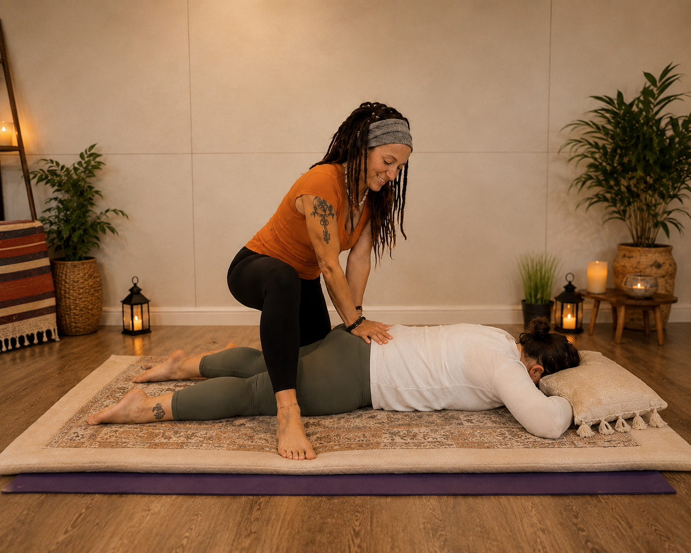 Thai Yoga Massage session on a floor mat, client fully clothed, Adelaide